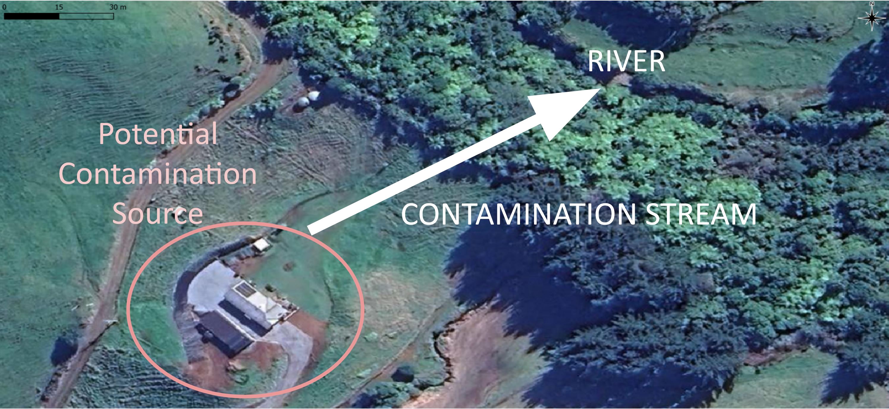 Map showing the potential source of contamination near the river.
