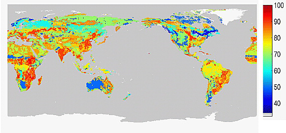 Figure 1: Global NRCS runoff CN map derived from U.S. Department of Agriculture hydrological soil groups and land cover classification for fair hydrological conditions (Hong et al. 2007)