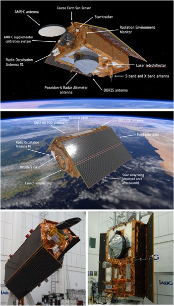 Figura 6: (in alto (A) e al centro (B)) Satellite Sentinel-6 Michael Freilich e caratteristiche esterne.  (in basso) satellite durante i test presso le strutture IAGB, Germania (C) con le ali solari in posizione retratta e (D) dopo il test di dispiegamento delle ali solari.