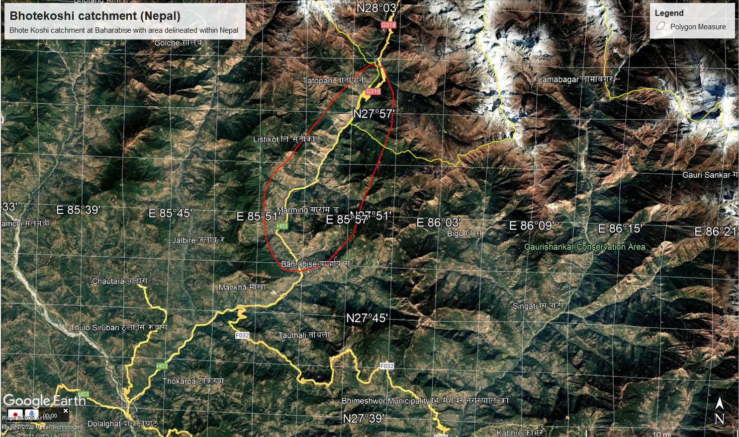 Bhotekoshi catchment annotated on satellite image