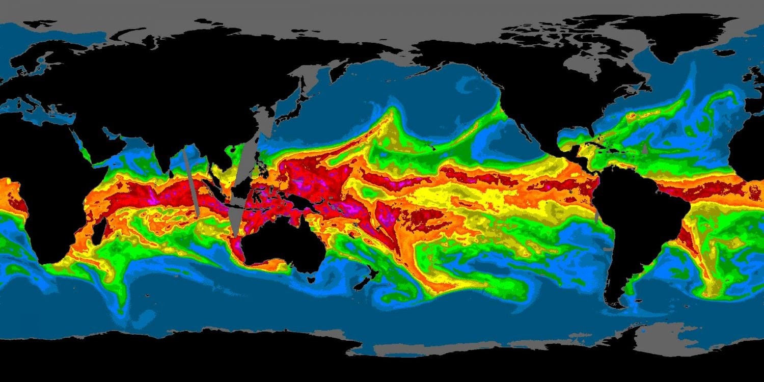 Microwave Image of Integrated Water Vapour Products. Source:  Center for Climate Change Impacts and Adaptation, University of California San Diego. At this link the real-time animation of total precipitable water global fluxes. Animation sourced from CIMSS portal.