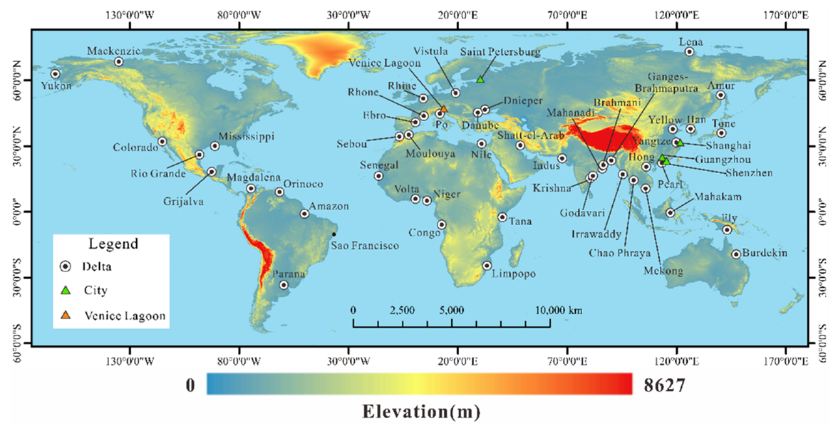Figure 1. The spatial distribution of the most important river deltas globally (Zhao et al. 2022). The base map is a global surface elevation map with a spatial resolution of 15 arcseconds.