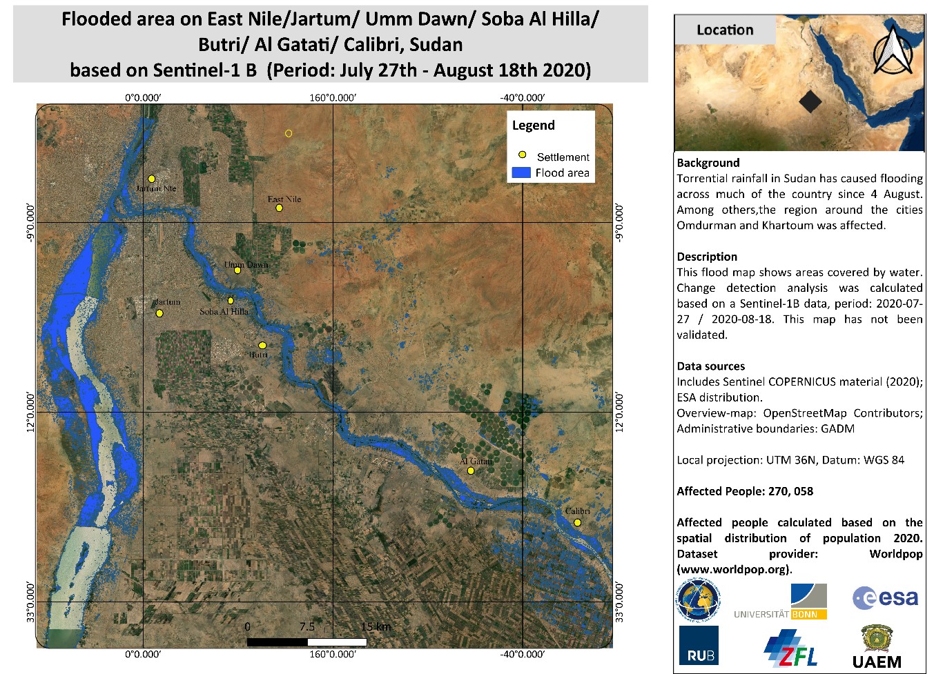 Figure 3: Flooded Area in affected region with Sentinel-1B Images between 27 July and 18 August, 2020. Raw imagery provided by ESA via the International Charter. Map produced by RUB, ZFL and UAEM. Available at: https://disasterscharter.org/image/journal/article.jpg?img_id=7032887&t=1598600800100.