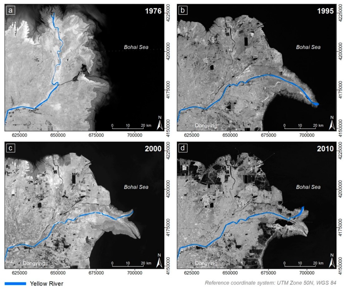 Figure 4. Changes of the Yellow River course in the Yellow River Delta from 1976 to 2010