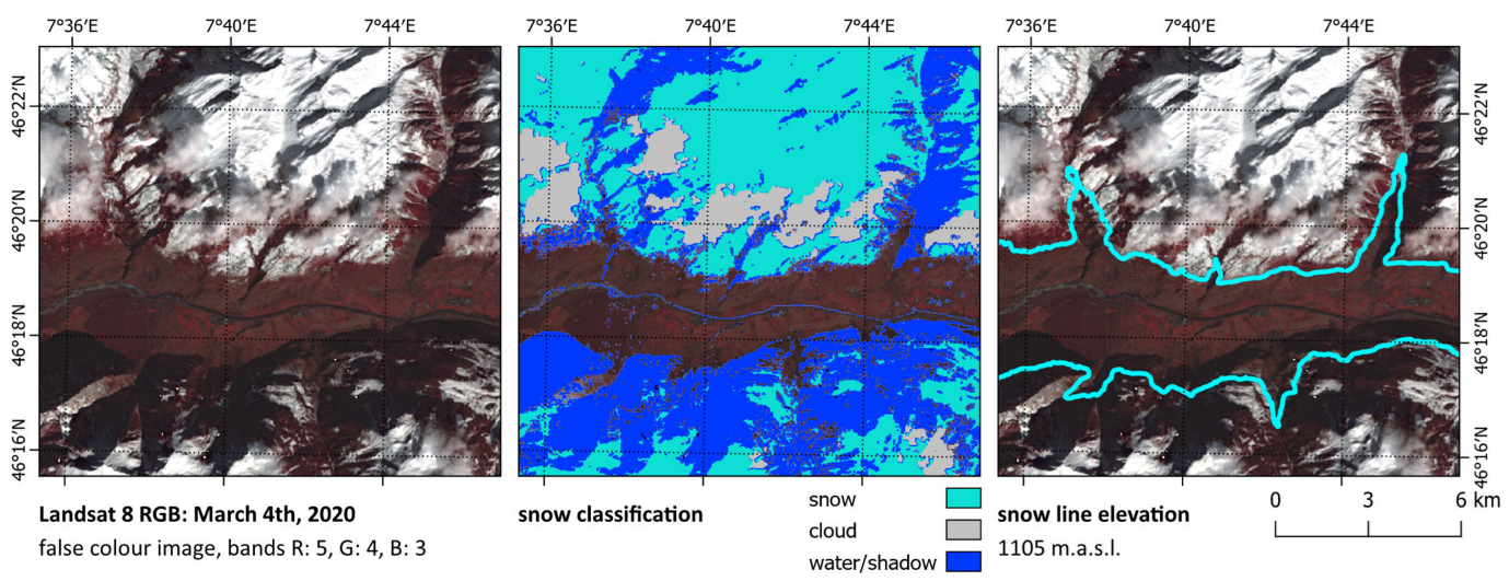 Landsat image (false-colour component) showing; the original image, the snow classification and the derived snowline over the Upper Rhône catchment, Switzerland at  1105 meters above sea level.