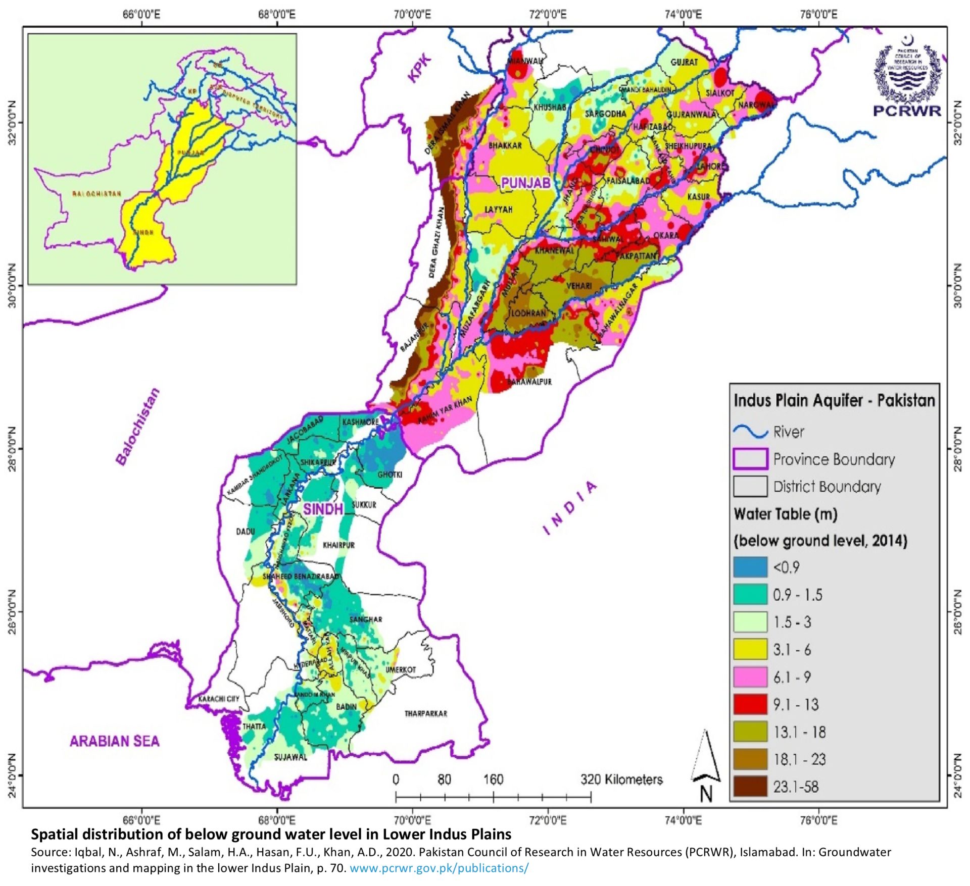 Map of groundwater levels in Lower Indus Basin