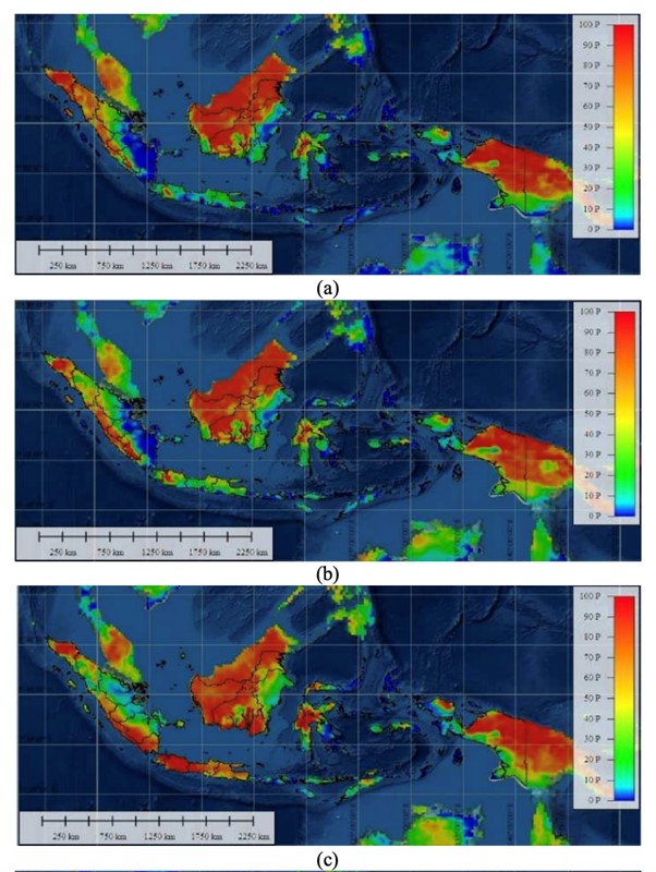 Figure 7: Groundwater storage maps produced with data from GRACE satellites. Jakarta is marked with by a pink star in the first image. These images are from January (a), February (b), and March (c) of 2020. The data suggests low groundwater storage in Jakarta in January and February, and higher groundwater storage in March, possibly related to recharge during the rainy season (Julzarika and Nugroho, 2022).