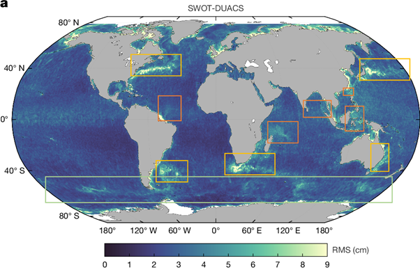 Root-mean-square (RMS) difference between SWOT sea surface height anomaly (SSHA) and Data Unification and Altimeter Combination System (DUACS) SSHA