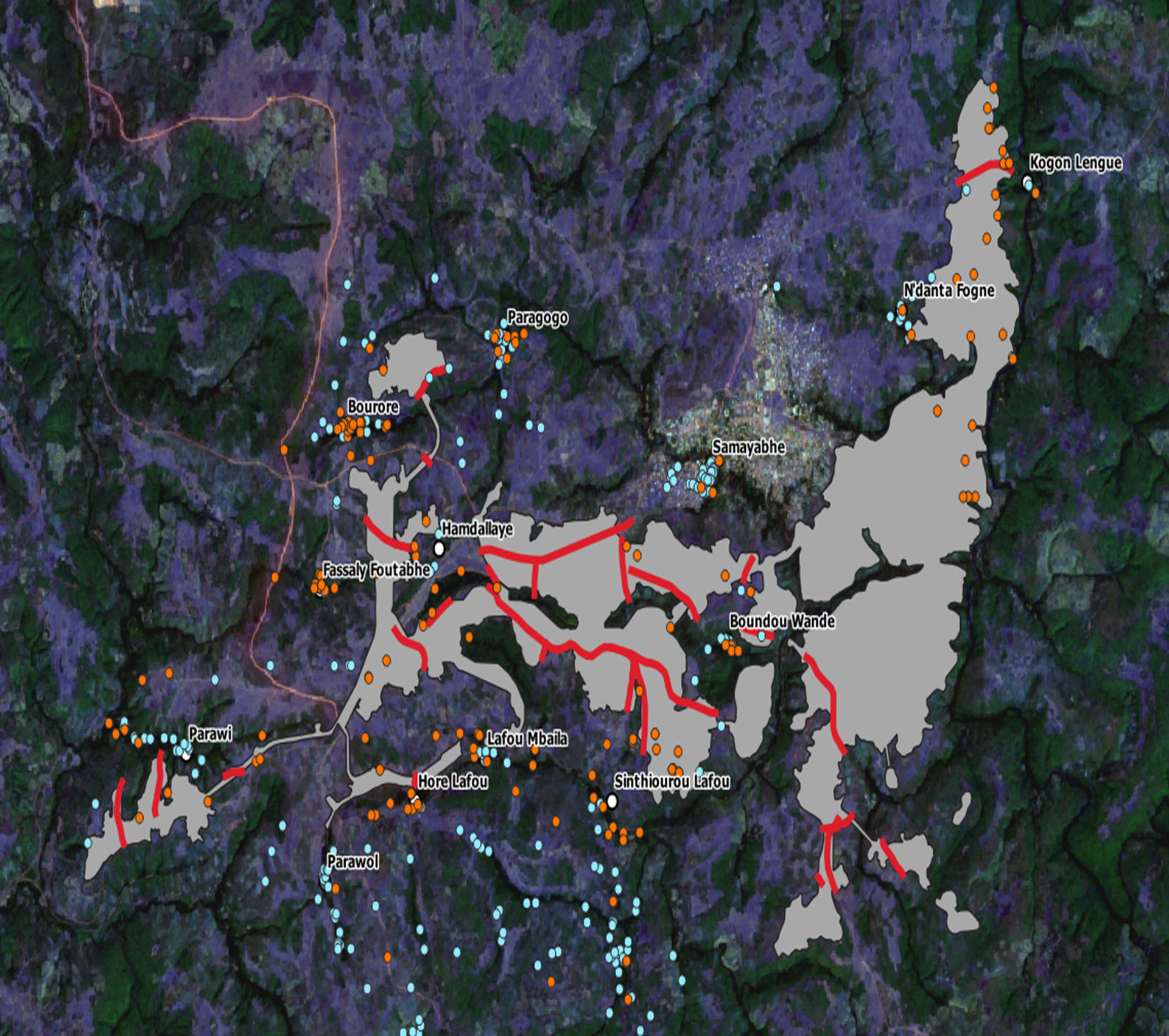 Figure 2. Landsat satellite imagery of a bauxite mine in Guinea from 2019; overlay shows water sources based on participatory mapping. Grey shows the mine extent, red shows paths and tracks that have been disrupted by the mine.  Orange and blue show impacted and intact water sources, respectively, as reported by the local communities.