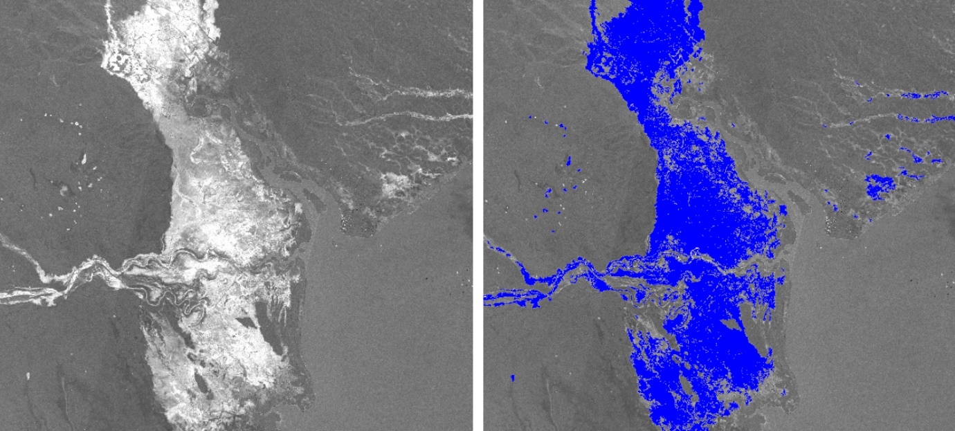 Fig.14: Left: difference layer, bright areas indicate high change, dark areas little change. Right: resulting flood extent layer by applying a threshold of 1.25.