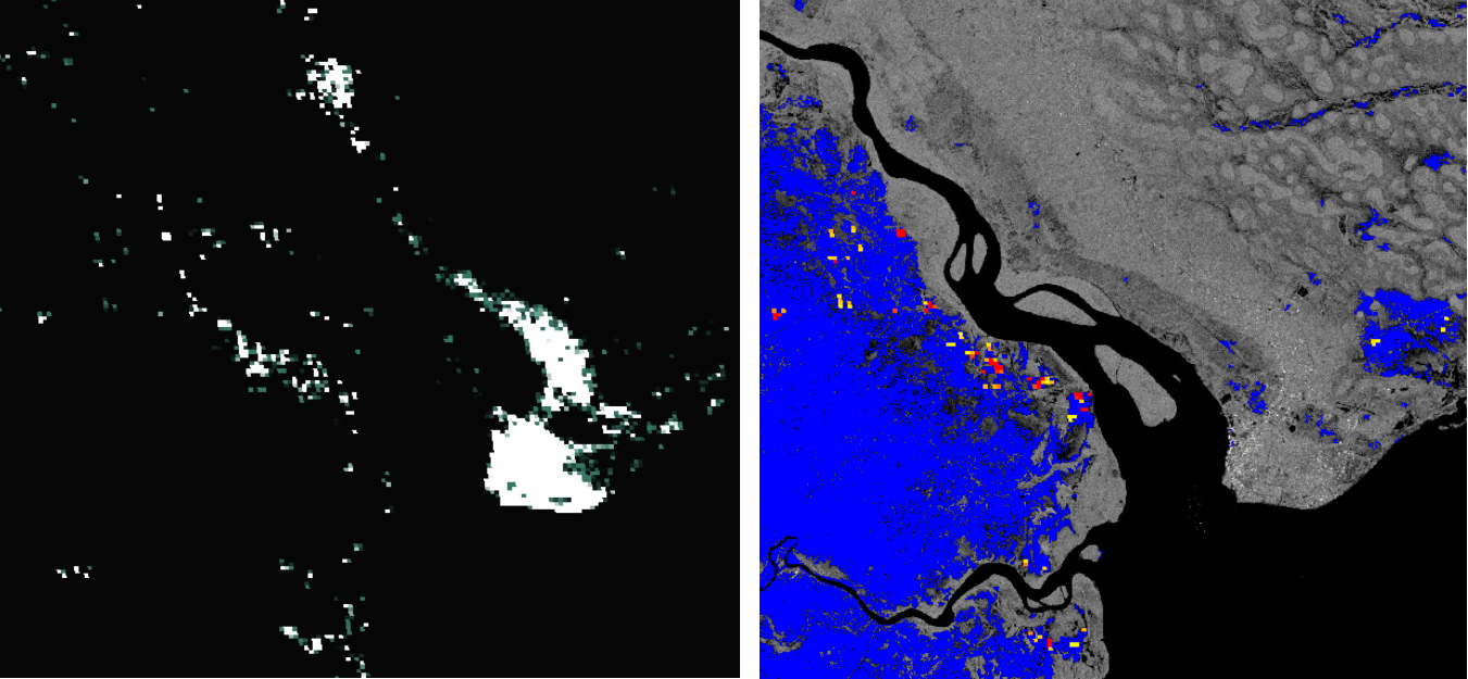 Fig.16: Left: Population density layer, the brighter the pixel the denser populated. Right: Population density exposed to the flood event (from yellow-red).