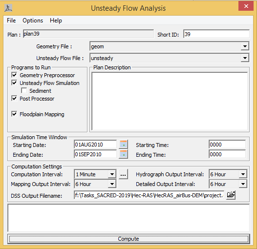 Unsteady flow analysis run window
