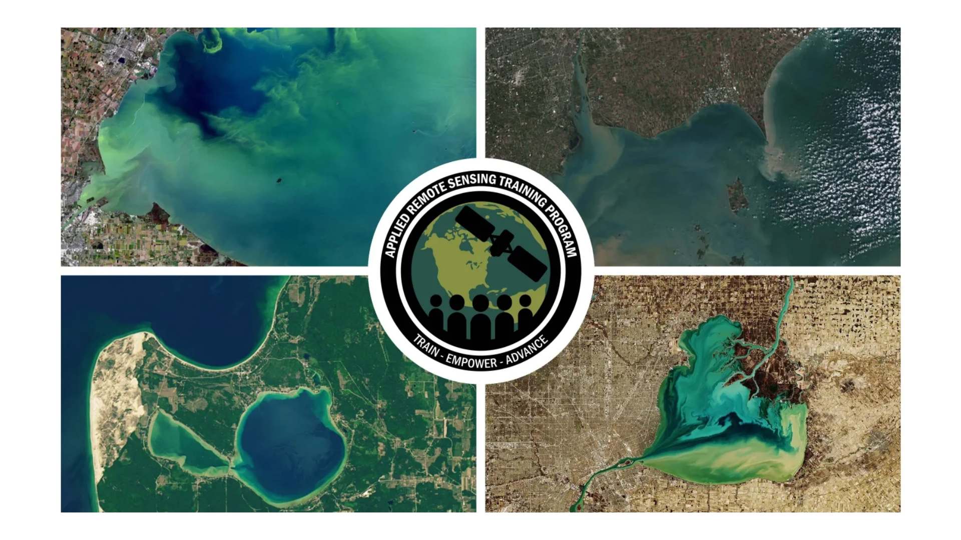 Training banner with four satellite images of inland lakes in the background
